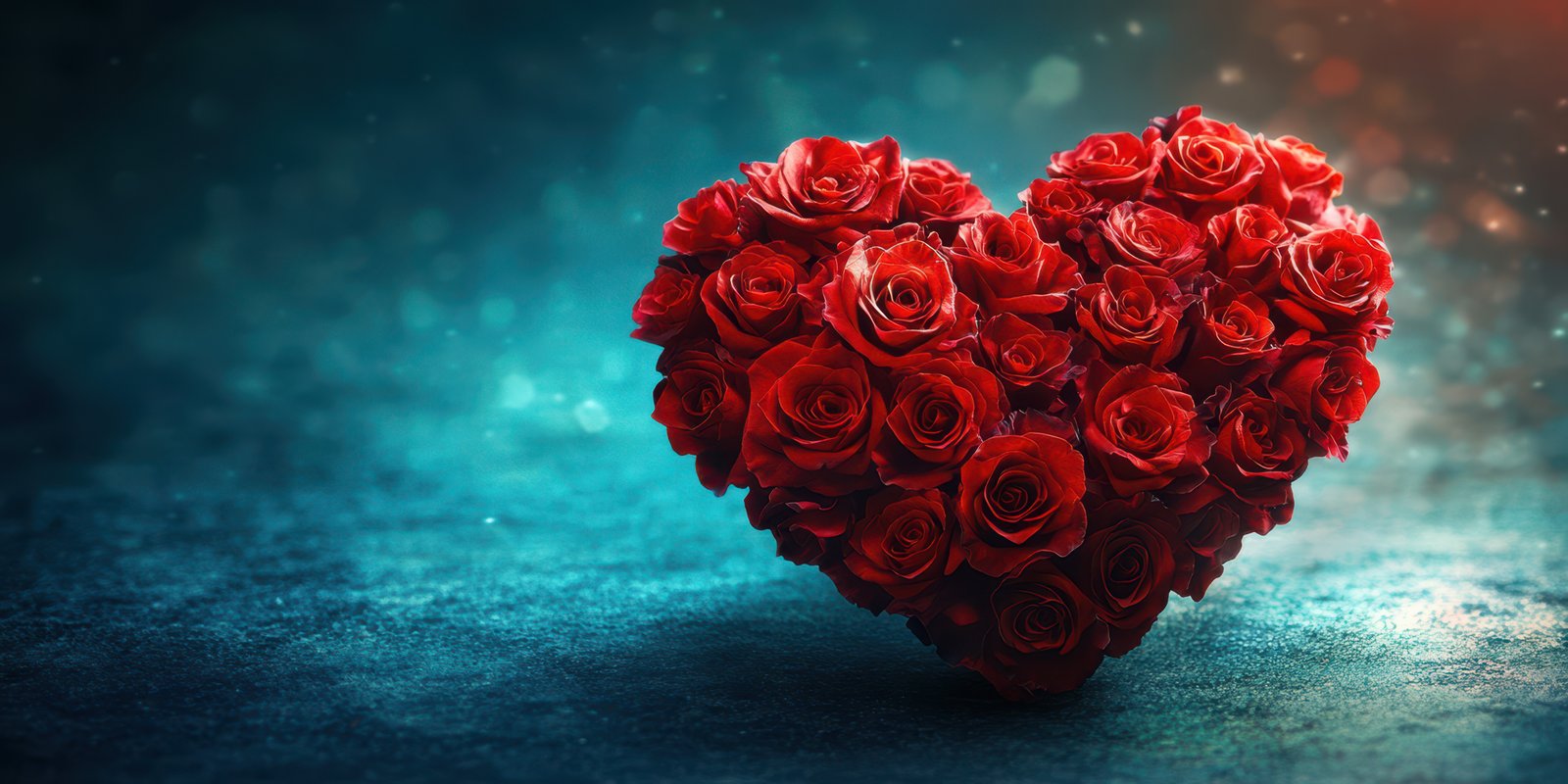 Heart-shaped arrangement of red roses with a mystical blue background enhancing romantic ambiance